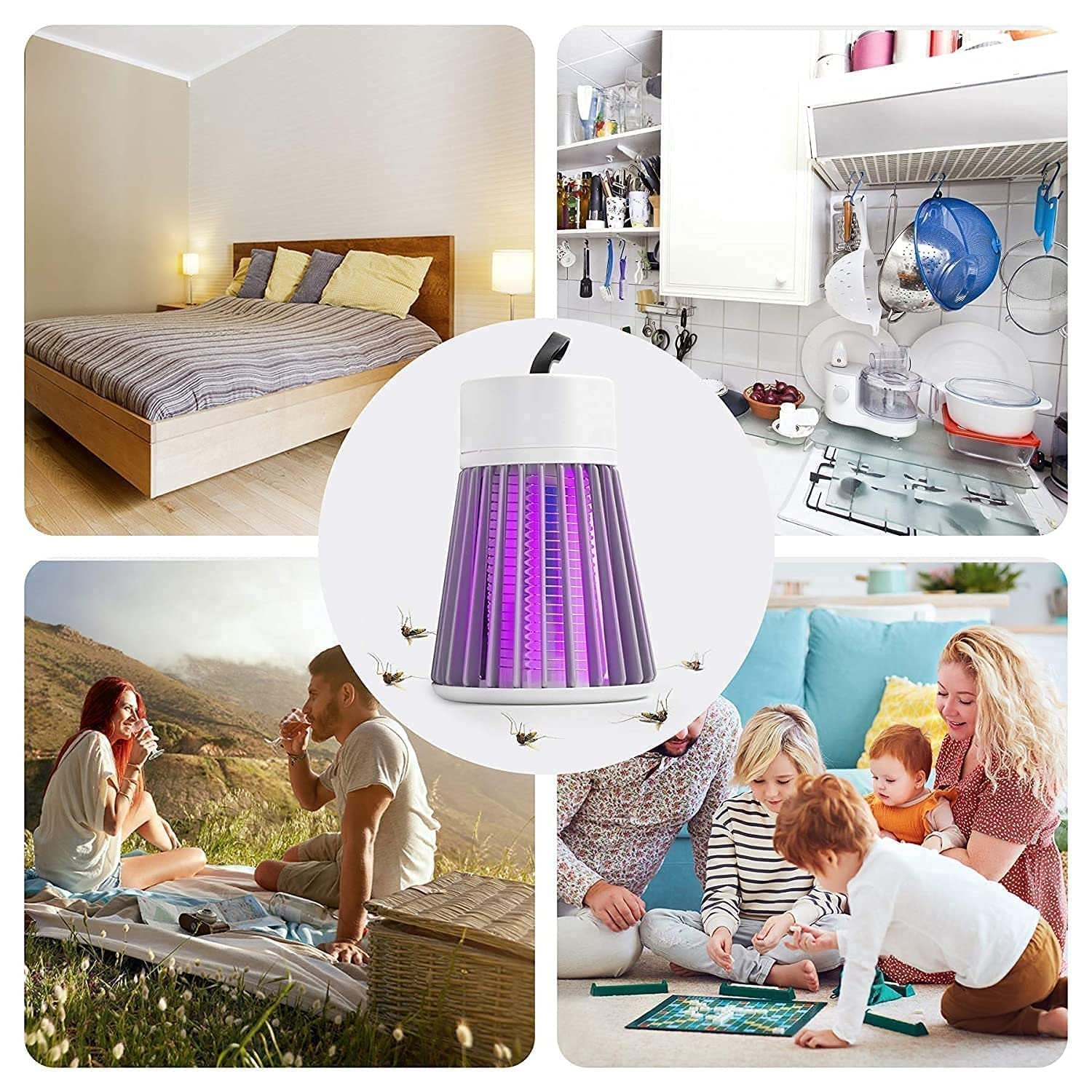 Product collage showing bedroom, kitchen, picnic, and living room settings