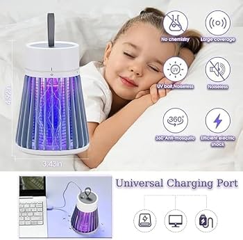 Supplied feature graphic showing the bug zapper, charging illustration, and indoor use